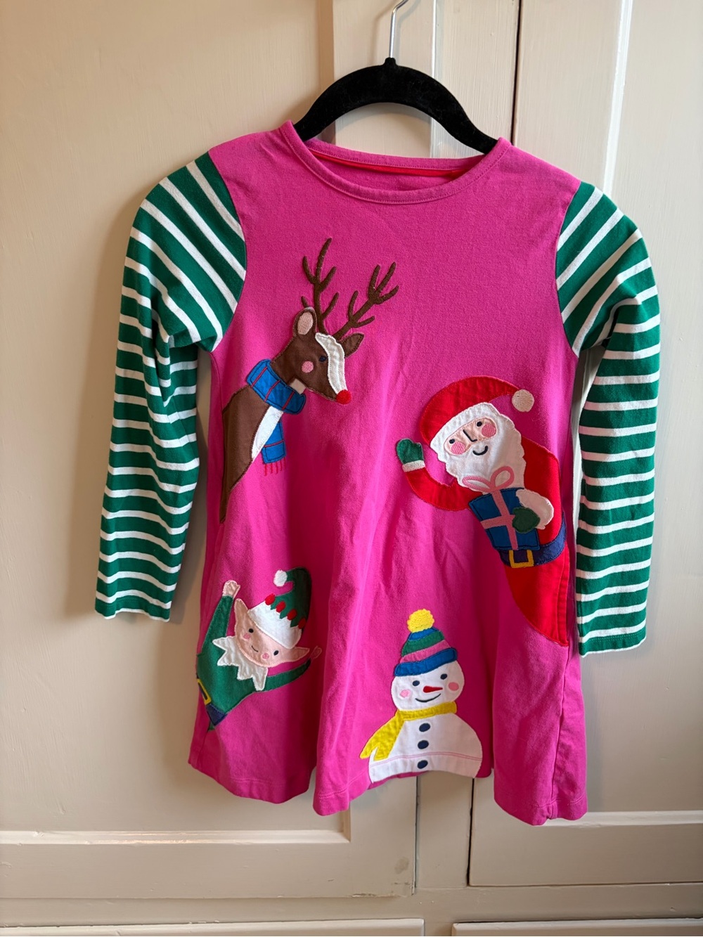 Mini Boden Pink Holiday Appliqué Long Sleeve Tee with Green Striped Sleeves